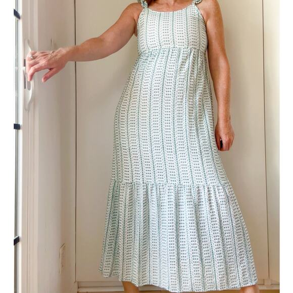 Women's Boho Eyelet Maxi Dress White/Green Ruffle bottom Sundress Bohemian Sz Sm - Picture 8 of 11